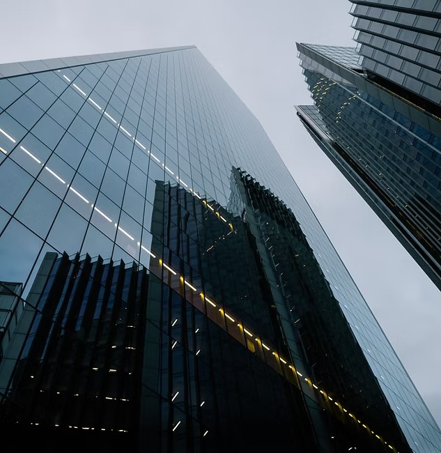 Modern glass towers viewed from below